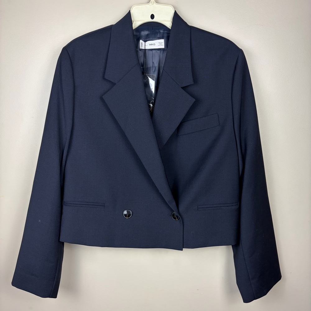Mango Navy Double-Breasted Cropped Blazer